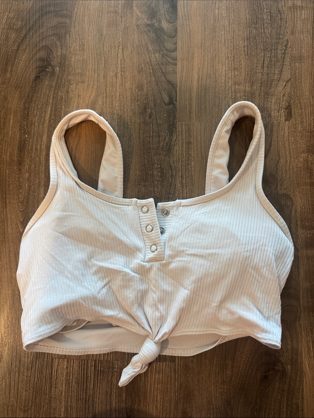 Bombshell Sportswear Light Beige Ribbed Knot-Front Crop Tank